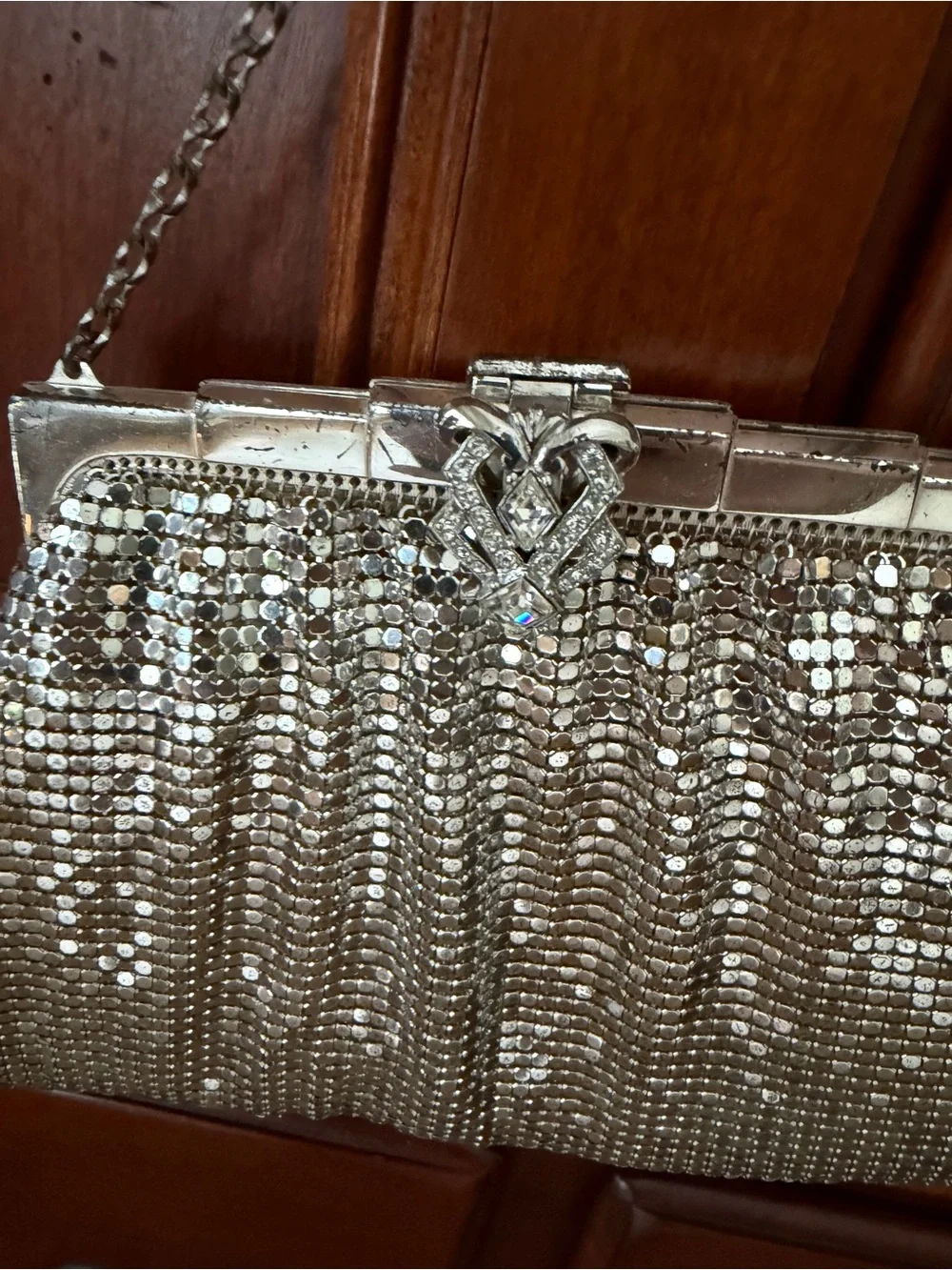1930s Vintage Whiting & Davis Silver Crystal Mesh Evening Clutch